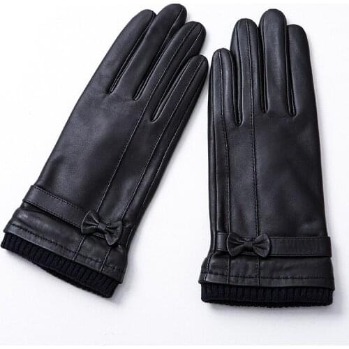 New Womens Gloves Genuine Leather Winter Warm Woman Female Velvet Lining bowknot Clasp touch screen Mittens