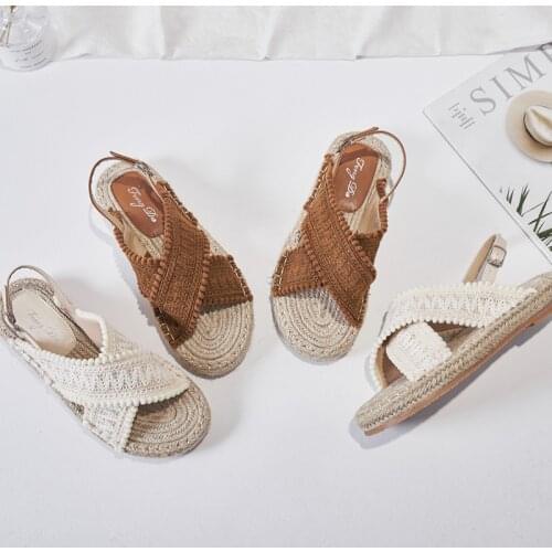 Female Sandal Straw Shoes Women All-Match Clogs With Heel Girls Handmade 2021 Low Comfort Flat Beige Fashion Thick Clear PU Back