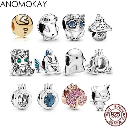 Anomokay Classic Sterling 925 Silver Hedgehog Shuren Flounder Charm for Bracelet Mix Style S925 Silver Cute Animal Crown Bead