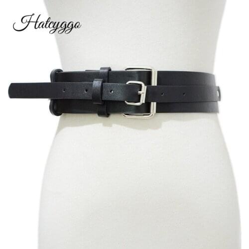 HATCYGGO Wide Leather Belts For Women Adjustable Waist Belt Female Double Buckle Belt Casual Designer Waistband For Jeans