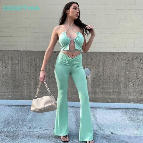 COCOTHIA Sexy Hollow Out Cyan Shirring Backless Halter Crop Top Wide Leg Flare Tight Pants Y2K Streetwear Two Piece Set Summer