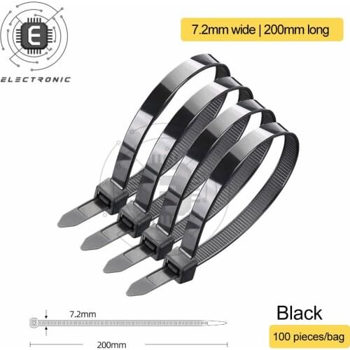100 PCS Self-Locking Plastic Nylon Tie Black/White Adjustable Nylon Cable Ties Cable Organiser Ties 3.6*200mm 4.7*200mm 7.2*200