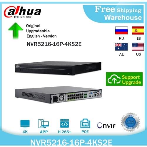 Dahua CCTV 4K 8MP NVR5216-16P-4KS2E 16CH NVR H265+ PoE Two Way Talk Video Surveillance Recorder For UP to 12MP IP camera system