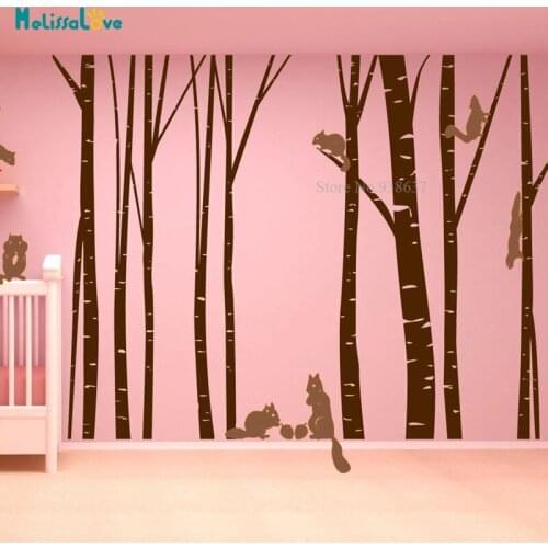 9 Birch Trees Sticker Baby Room Living Room Decor Forest with Squirrels Branches Nursery Removable Vinyl Wall Stickers BB061