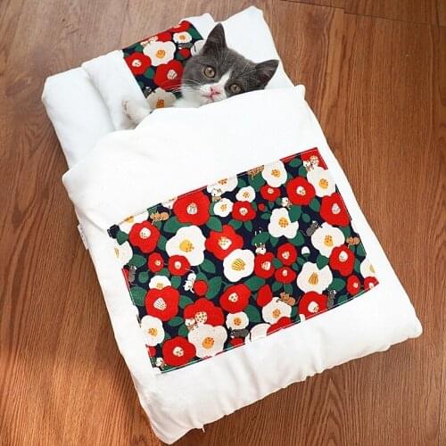 Japanese Cat Quilt Winter Pet Bed Cotton Linen Soft Cushion Plush Warm House Detachable Dogs Home