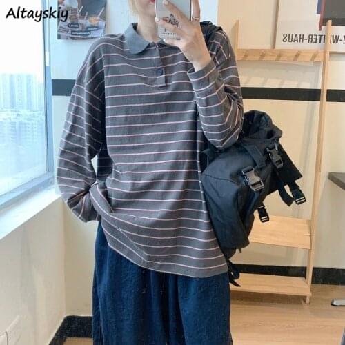 Striped T-shirts Women Turn-down Collar Button Japanese Style Loose Spring All-match Unisex Couple Leisure Harajuku Popular Chic