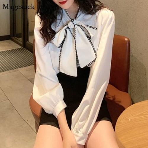 Korean Vintage Loose Elegant Blouse Women Bow Long Sleeve Female Shirt White Blouses Fashion Office Lady Tops Blusas New 12983