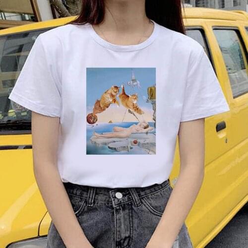 Woman tshirts oil painting cat printed T-shirt Harajuku Kawaii Tops New O Neck Short Sleeve Female Tops Tees