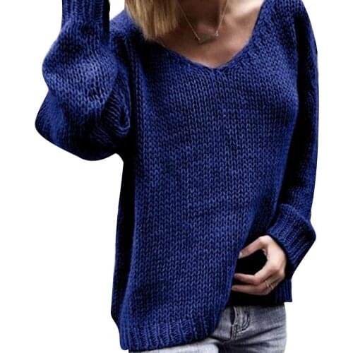Women Sweaters 2021 Casual Women Loose Solid Color Knitted Sweater V Neck Long Sleeve Jumper Top