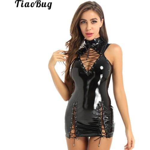 TiaoBug Womens Wetlook Patent Leather Mock Neck Sleeveless Front Hollow Out Lace Up Bodycon Mini Dress For Party Night Club