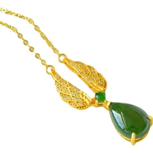 Certified Silver Jade Necklace S925 Sterling Silver Jade Jasper Angel Wings Necklace for Women Jewelry