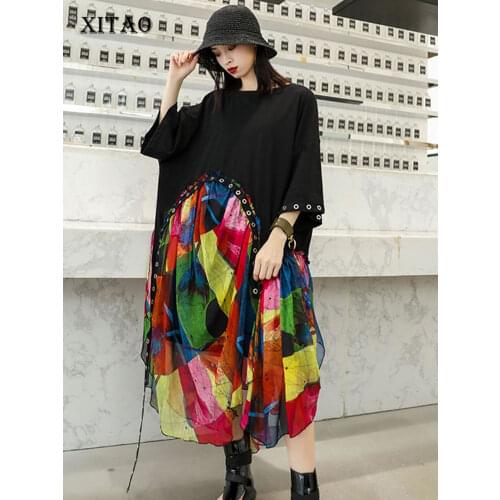 XITAO Chiffon Rivet Irregular Midi Dress Women Clothes 2019 O Neck Patchwork Summer Plus Size Summer Elegant New WLD2120