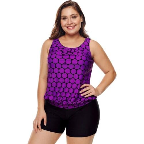 2019 High Quality Womens Polka Dot Tank Top with Boyshort Two Piece Bathing Suits Plus Size 2XL,3XL Tankini Swimsuit Purple Blue