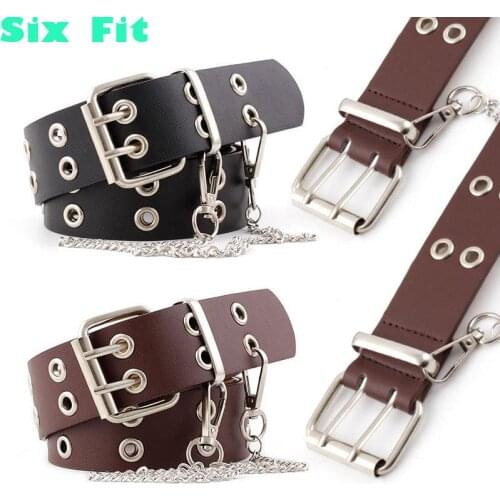 2020 Women Punk Chain Pu Leather Fashion Pin Buckle Jeans Decorative Belt Chain Luxury Brand Belts For Lady Double Row Hole Belt