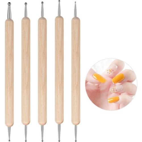5Pcs/Set 2 Way DIY Nail Art Dotting Pen Wood Handle Salon Decoration on Rhinestones Picking Manicure Tools Kit
