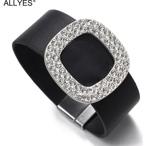 ALLYES Simple Black Leather Rhinestone Charms Bracelets for Women Wide Wrap Bracelet Party Statement Jewelry Gifts