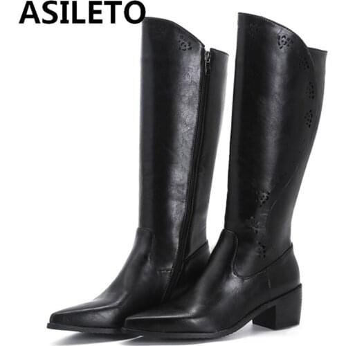 ASILETO Vintage Square High Heel Wide Leg Knee High Boots Women Shoes Pointed Toe Western Style Zipper Big Size 34-48 S2362