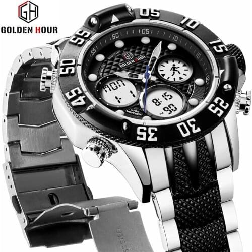 GOLDENHOUR Mens Watches Top Brand Luxury Casual Quartz Watch Men Full Steel Dual Time Sport Military Clock Man Relogio Masculino