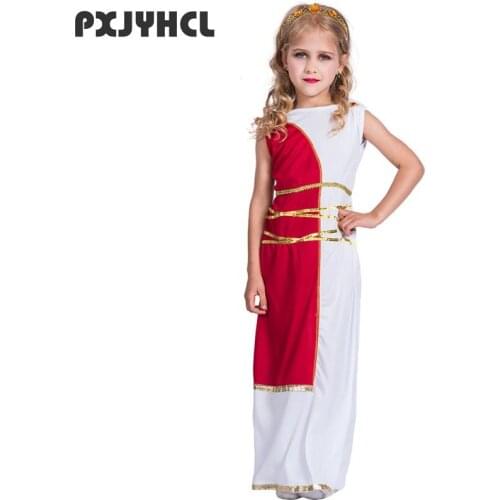 Halloween Kid Fancy Greek Goddess Costumes Sleeveless Long Dress With Headwear Girl Party Cosplay Performance Roman Princess