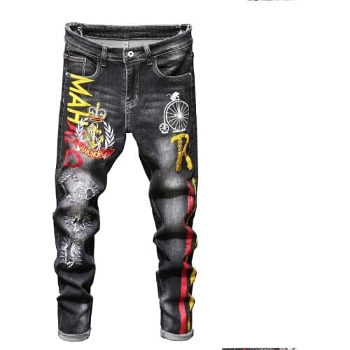 Mens Embroidered Printed Jeans Ripped Fashion Denim Trousers Slim Straight Stretch Young Male Casual Biker Pants High Quality