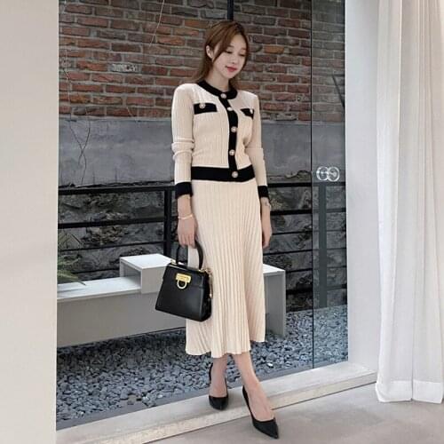 New arrival comfortable warm knit bouncy women sets Single-breasted jacket and long a-line skirt vintage elegant cute women sets