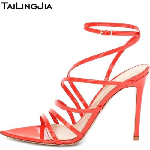 Red Strappy High Heels Woman Heeled Sandals Open Pointed Toe Evening Dress Shoes Women 2020 Stiletto Heel Ladies Summer Sandal