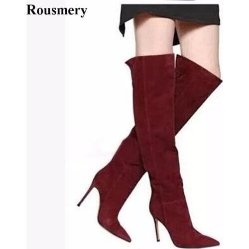 Hot Sale Women Fashion Pointed Toe Suede Leather Knee High Boots Classical Design Long High Heel Boots
