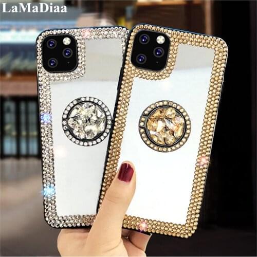 Fashion Diamond Soft Rhinestone Glitter Mirror Case For iphone X XS MAX XR 6 6S 7 8 PLUS 11 12 Pro MAX With Ring Holder Stand