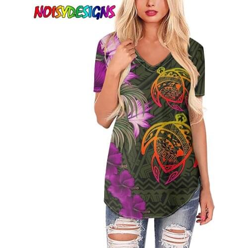 NOISYDESIGNS 3D Turtle Prints Animal V-Neck Tops Shirt Women Vintage Hibiscus Tribal Print T-Shirts Girls Short Sleeve Plus Size