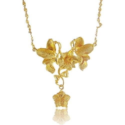 24K Pure Gold Pendant Necklace for Women Luxury Wedding Accessories Gifts Yellow Gold Color colgante Vintage Exquisite Flower