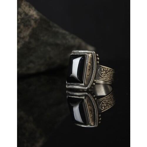 Dark Blue Zircon 925 Silver Engraved Traditional Handmade Turkish Signet Ring Jewelry Gift for Women Men