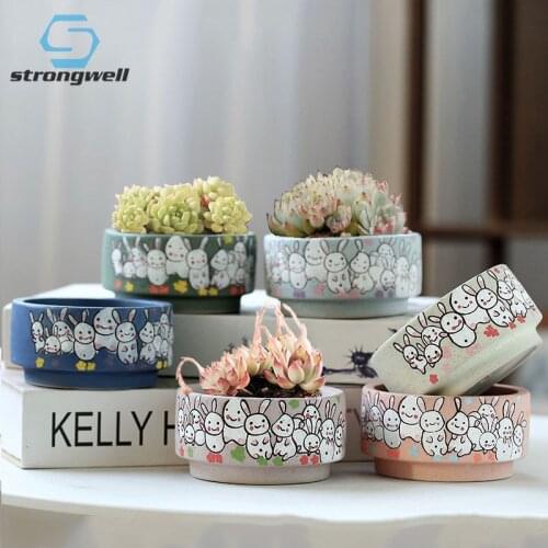 Hand Painted Cute Rabbitt Ceramic Flower Pot Succulen Retro Creative Stoneware Large Caliber Basin Home Balcony Garden