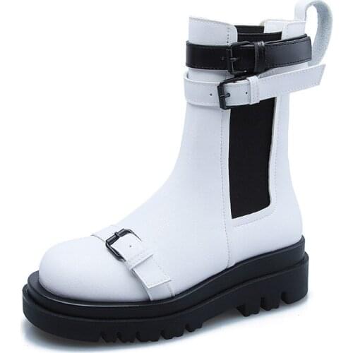 Woman Chelsea Boots Girls Shoes Women Mid Calf Platform Flats Ladies Real Leather Military Boots Female Brand Motorcycle Boots