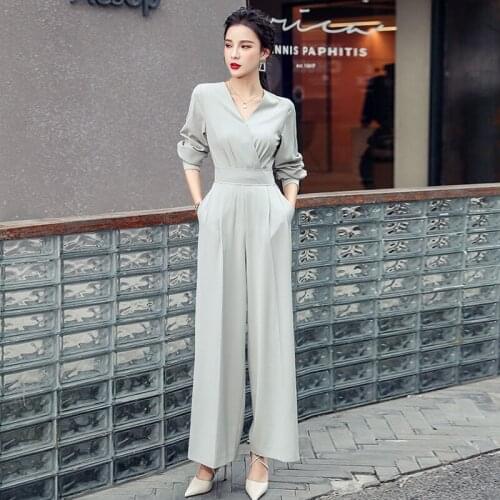 New arrival fashion korean spring women OL professional temperament casual wide leg pant chiffon v-neck loose slim long jumpsuit