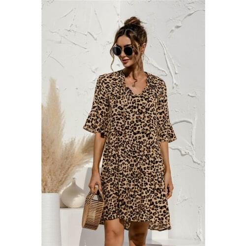 Summer Floral Women Dress Stitching Mini Casual Short Sleeve V-neck Flared Sleeves Female Sexy Leopard Print Lady Dress
