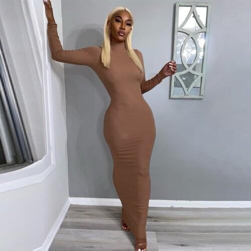 2020 Long Sleeve Solid Backless Skinny Ribbed Maxi Dress Autumn Winter Women Fashion Sexy Party Club Outfits