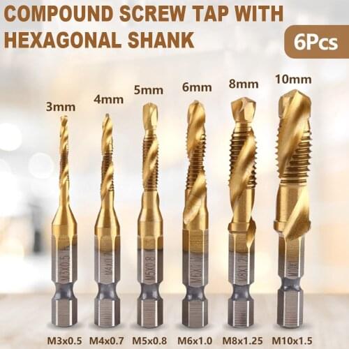 6pcs Drill Bit Set M3-M10 Hex Shank Titanium Plated HSS Screw Thread Metric Tap Drill Bit For Soft Metal Plate Twist Drill Bit