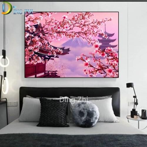 5D DIY Diamond Painting Cherry Blossom Cross Stitch 3D Full Drill Embroidery Mount Fuji Landscape Craft Kits Mosaic Home Decor