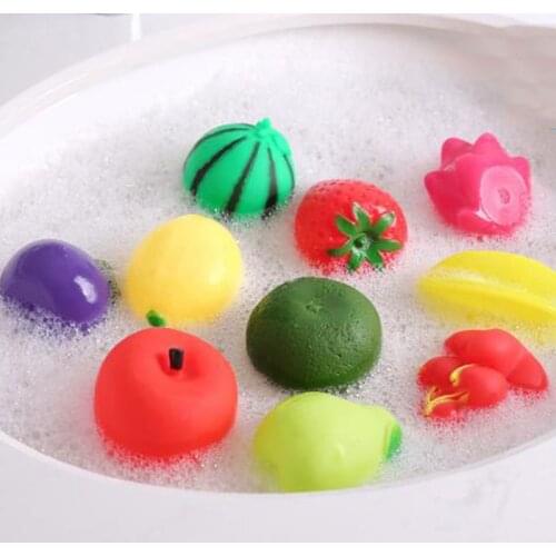 Baby Funny Bath Toys Fruits Vegetables Bathing Toy Colorful Soft Rubber Float Squeeze Squeaky Bath Toy Swimming Toy For Baby