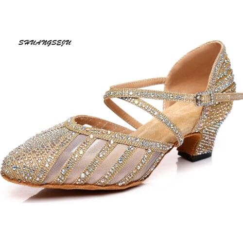 Women Shoes for Dancing Girls Salsa Dance Latin Dance Shoes Red Skin satin rhinestone 5CM/6CM/7.5CM Heel Moden Dance Shoes