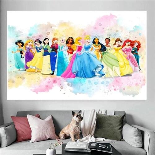Watercolor Disney Beauty Princesses Group Photo Canvas Painting Cartoon Girls Poster Print Nursery Wall Art Kids Room Decor