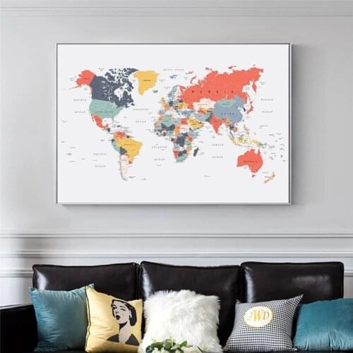 Colorful Blue Yellow Teal Pink World Map Colors Canvas Painting Coral Posters and Print Wall Art Picture for Living Room Decor