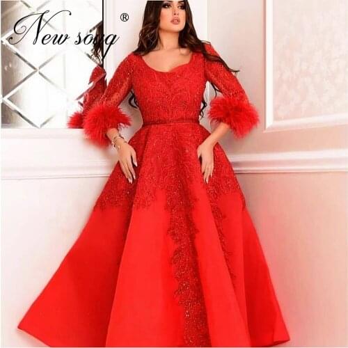 Saudi Arabia Red Beaded Evening Dress Middle East Kaftans Luxury Long Prom Dresses Party New Custom Robes De Soiree Dubai 2020