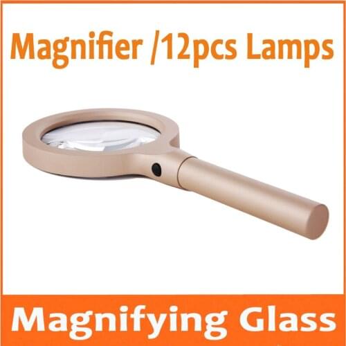 New 5X 10X LED Illuminated Household Office Reading Magnifier Handheld Magnifying Glass Loupe with 12 Lamps for Field Test