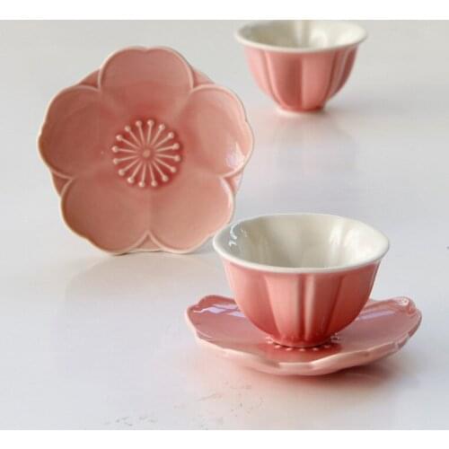 French creative pink special shaped ceramic flower tea cup and dish set for womens ceramic afternoon tea cup with dish