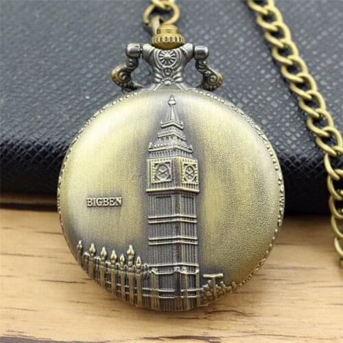 New fashion Antiqe Vintage Bronze Big Ben Clock Design Pocket Watch Casual Round Quartz Fob Time Unisex Gift With Necklace Chain