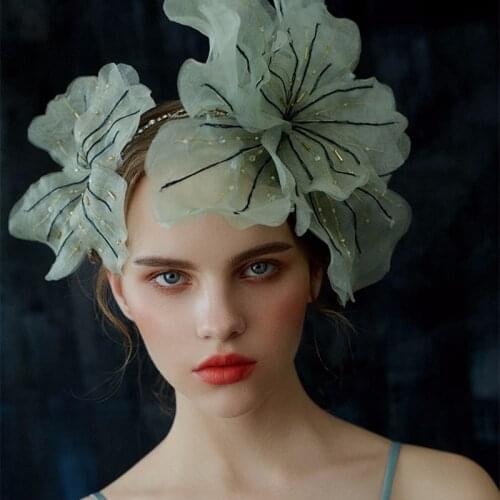 White/ Green Tiara Headband Handmade Silk Yarn Big Flower Hairband Bride Wedding Dress Accessories