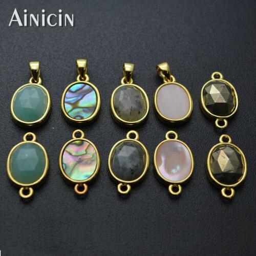 Oval Shape Connectors Natural Green Amazonite Gold Pyrite Rainbow Shell DIY Jewelry Making Findings 10x17mm Connection 5pcs/lot
