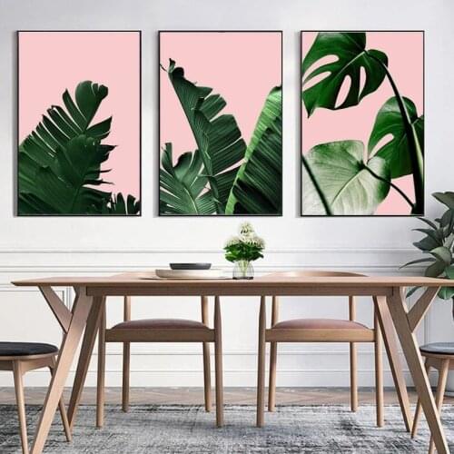 Fresh Tropical Plants Nordic Pink and Green Wall Art Poster Palm Leaves Pineapple Canvas Painting Pictures for Living Room Decor