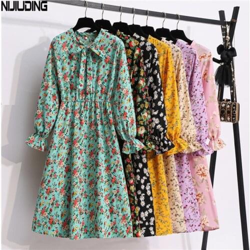 Womens Floral Printed Casual Chiffon Dresses 2020 Spring Autumn Female Vintage Flare Long Sleeve Bow Midi Dress Mujer Vestidos